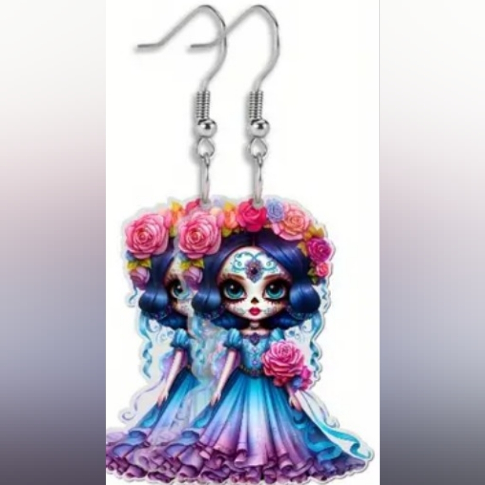 Handcrafted Whimsigoth Colorful Sugar Skull‎ Earrings-(#1,047)